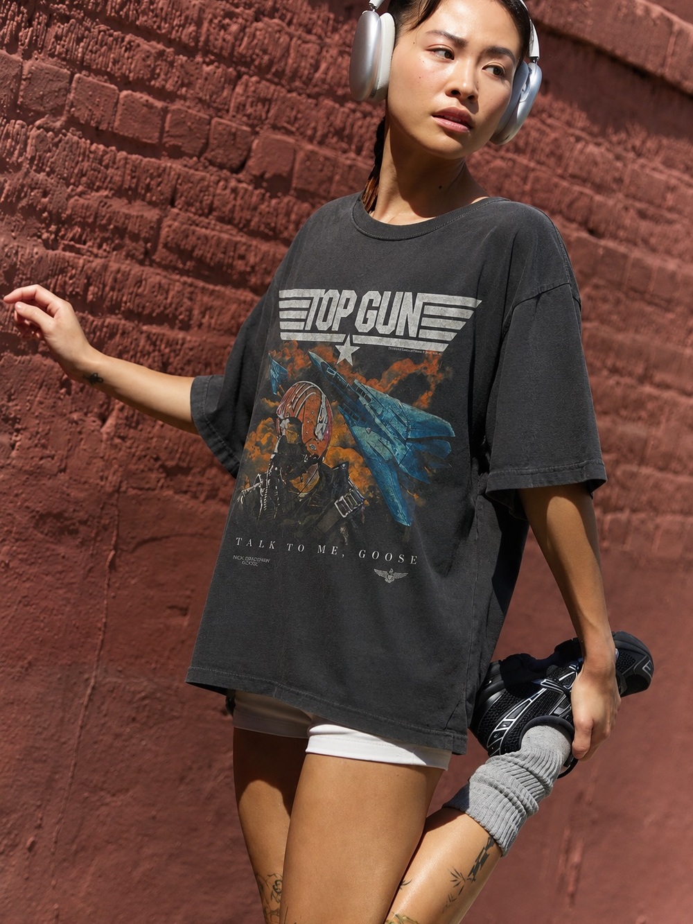 132. Hollister Black Top Gun Graphic Tee with Blue & Orange Pilot Art